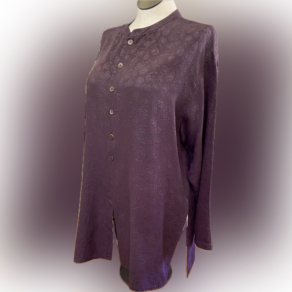 CHICO’S 100% Silk Deep Plum Long Sleeve Tunic 3-D flowing floral design Chicos 3 - Picture 4 of 11